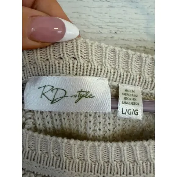 RD Style Cream Knit Sweater Large Chunky Cotton Blend Boho Pullover Raglan - Picture 3 of 8